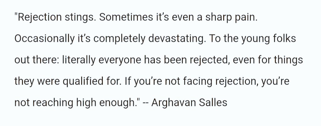 Meena Bewtra (@drsmeena) on Twitter photo Having very important talks on handling the failure, losses and rejections that come with careers in academics at <a href="/MilestoneIBD/">MilestoneIBD</a>.
This quote from <a href="/arghavan_salles/">Arghavan Salles, MD, PhD</a> comes back to me every time I hear a talk on this topic; it is a quote I share with every student I have. Having very important talks on handling the failure, losses and rejections that come with careers in academics at <a href="/MilestoneIBD/">MilestoneIBD</a>.
This quote from <a href="/arghavan_salles/">Arghavan Salles, MD, PhD</a> comes back to me every time I hear a talk on this topic; it is a quote I share with every student I have.