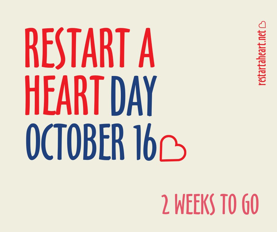 Two weeks until Restart a Heart Day ❤️ Oct 16 Help us inform others on the seriousness of out-of-hospital cardiac arrest, and educate them on how to CALL PUSH and SHOCK to help save a life. Learn more at restartaheart.net #CallPushShock #RestartAHeart #9for9challenge