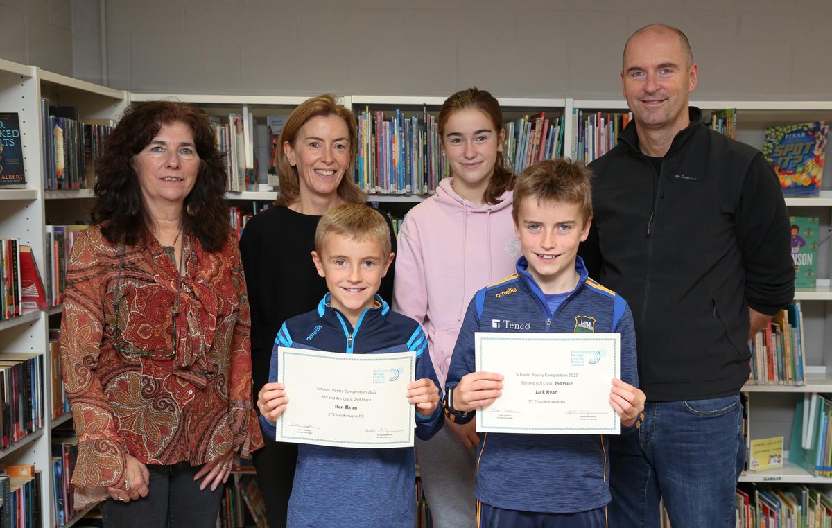 DNLitFest's tweet photo. Primary schools poetry competition awards ceremony. A real treat this morning at Nenagh Library, amazing talent from our young writers. Huge thanks to our judge Eileen Sheehan, @NenaghMD Cathaoirleach @Hughiemcgrath and Ann-Marie Keaveney from @TipperaryArts Photos: @OdhranDucie https://t.co/EeNhL4zYm2