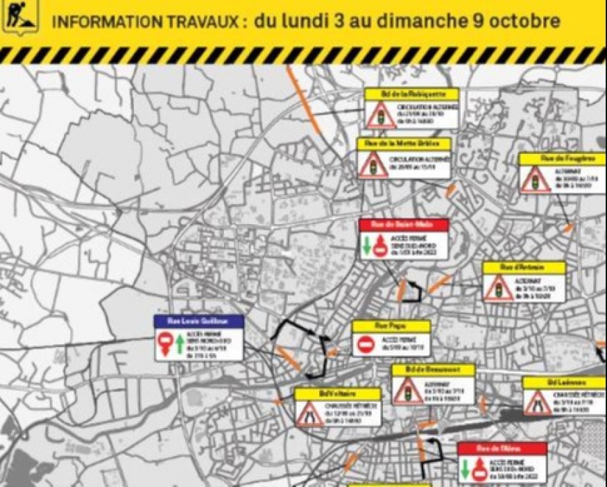 Travaux et circulation à Rennes du 3 au 9 Octobre.