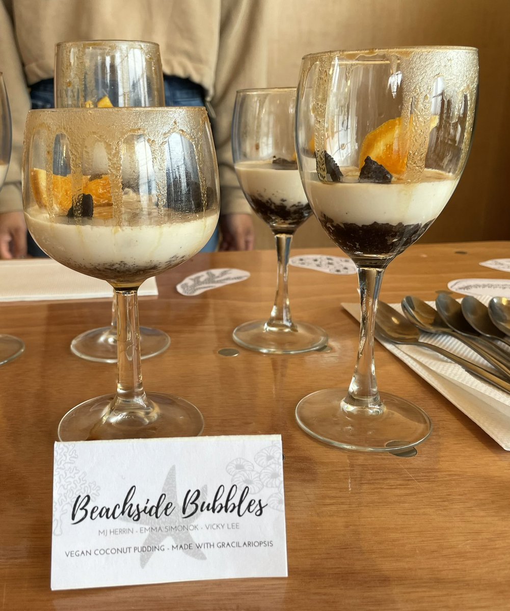 Martonelab's tweet photo. Announcing the 2022 winners of #TopChef #Seaweed edition, our end-of-class celebration @BamfieldMSC! This team made vegan coconut pudding thickened with agar from Gracilariopsis! Delicious! Cookbook in the future? #2022FPSeaweeds @UBCBotany https://t.co/Me0uQEuEA1