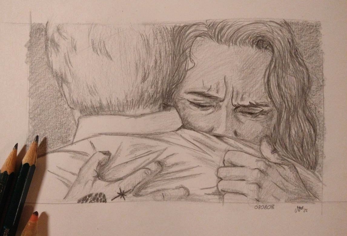 Rough pencil drawing of colades!Ed hugging Stede, grabbing his shirt in the back and burying his face in Stede’s shoulder so that only his downcast eyes are visible. Stede is with his back to the viewer.