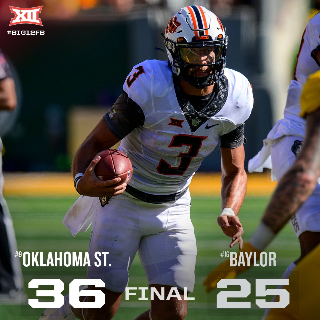 Big12Conference's tweet image. Final score from Waco 🏈

Oklahoma State improves to 4-0 overall and 1-0 in conference play 

#Big12FB x @CowboyFB