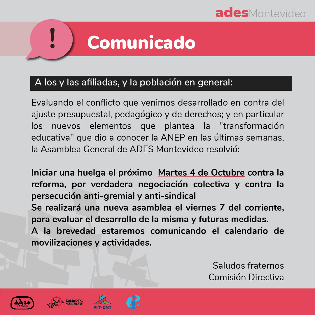 ¡Arriba los/as que luchan!
.
.
#sineducaciónpúblicanohayfuturo 
#sindocentesnohayeducación 
#EnDefensaDeLaEducaciónPública 
#adesmontevideo #fenapes #pitcnt