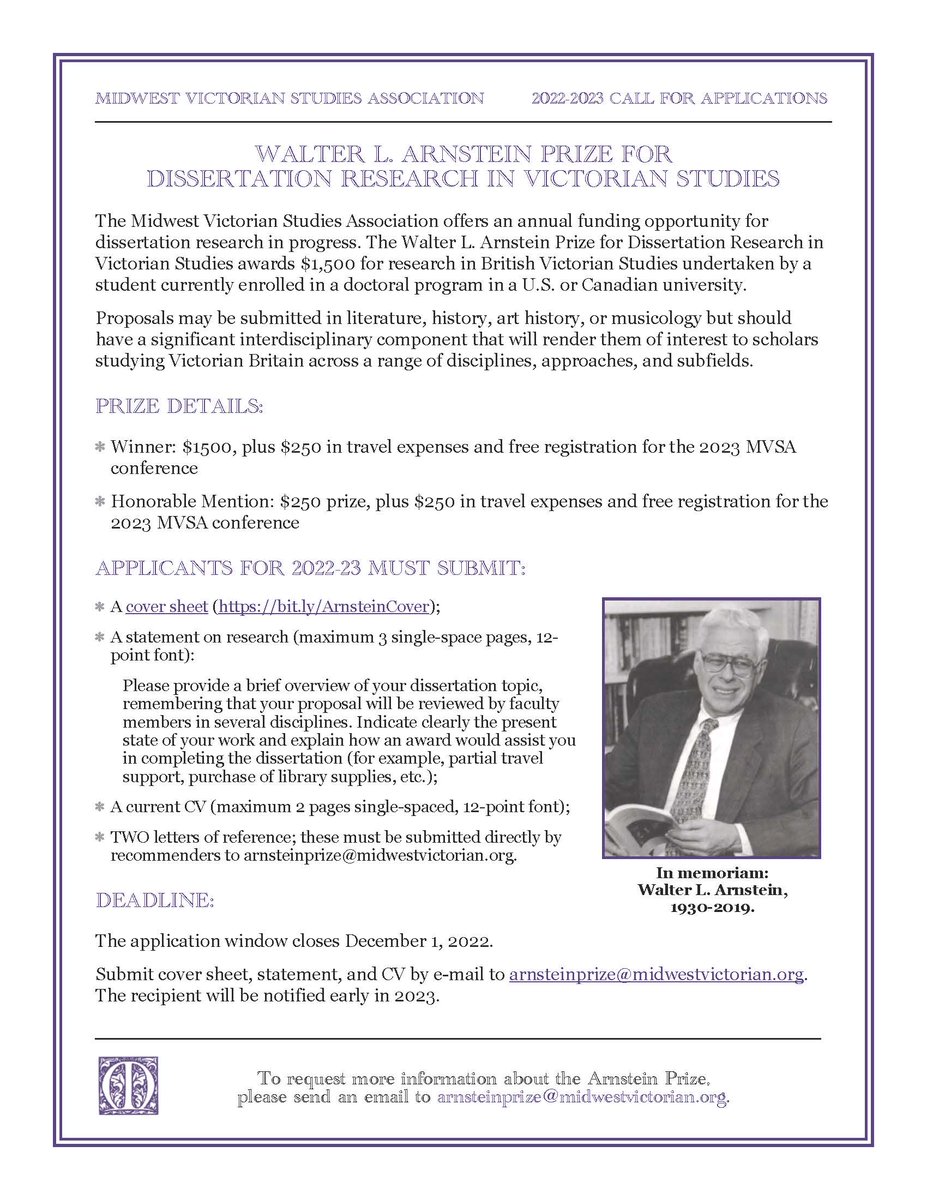 Could you, or a grad student you know, use $1500 to fund dissertation research in Victorian Studies? Apply to the 2022-23 Walter L. Arnstein Prize from <a href="/MVSA_77/">Midwest Victorian</a> ! Details below; applications due Dec 1, 2022.
