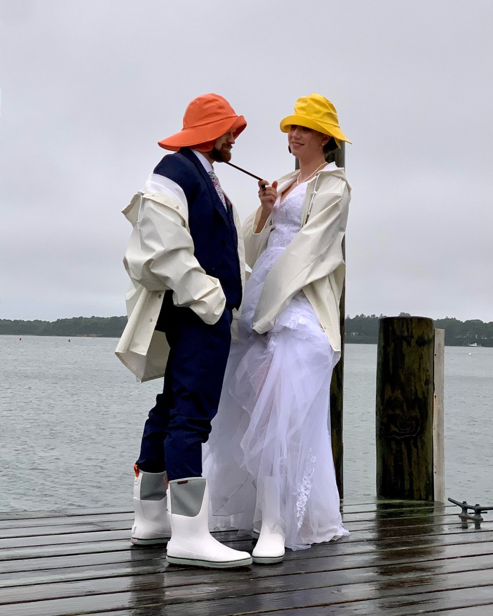 At a rainy wedding but <a href="/GrundensUSA/">Grundéns</a> formal wedding attire made it all ok!