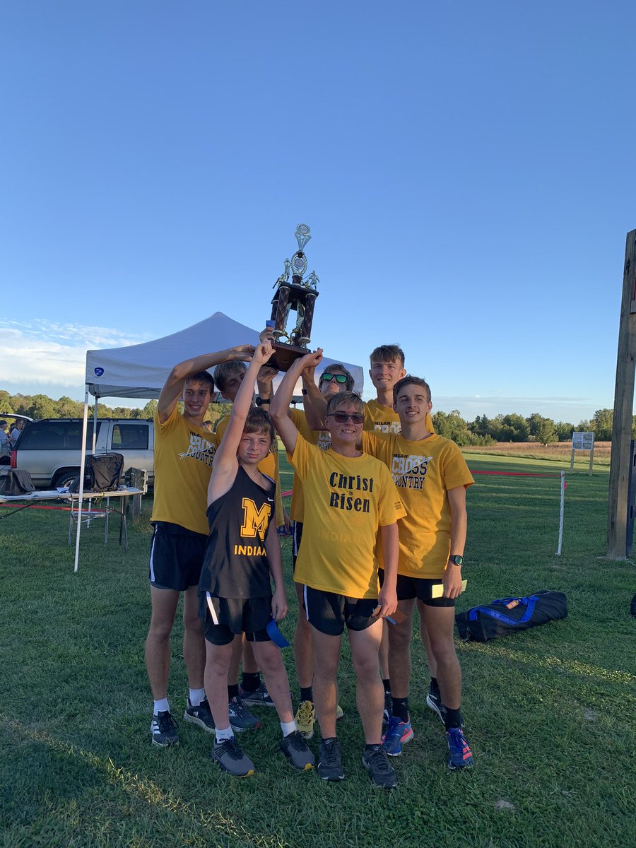 FB_StatMan's tweet photo. Congrats to Milan Varsity Boys Cross Country for winning the ORVC Conference Championship! Ben Riehle - Individual Winner and Milan’s top 5 runners also made all conference! @MilanAthletics https://t.co/TYMPM3epL2