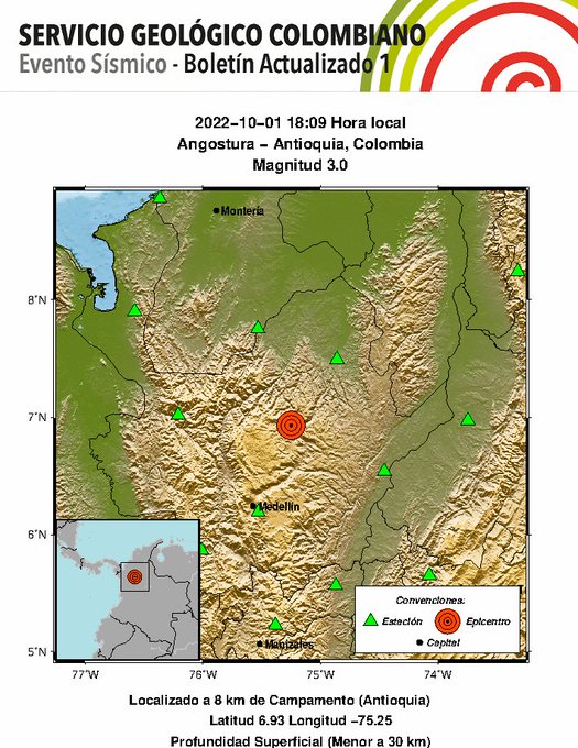 Boletín Actualizado 1, 2022-10-01, 18:09 hora local Magnitud 3.0, Profundidad Superficial (Menor a 30 km), Angostura – Antioquia, Colombia