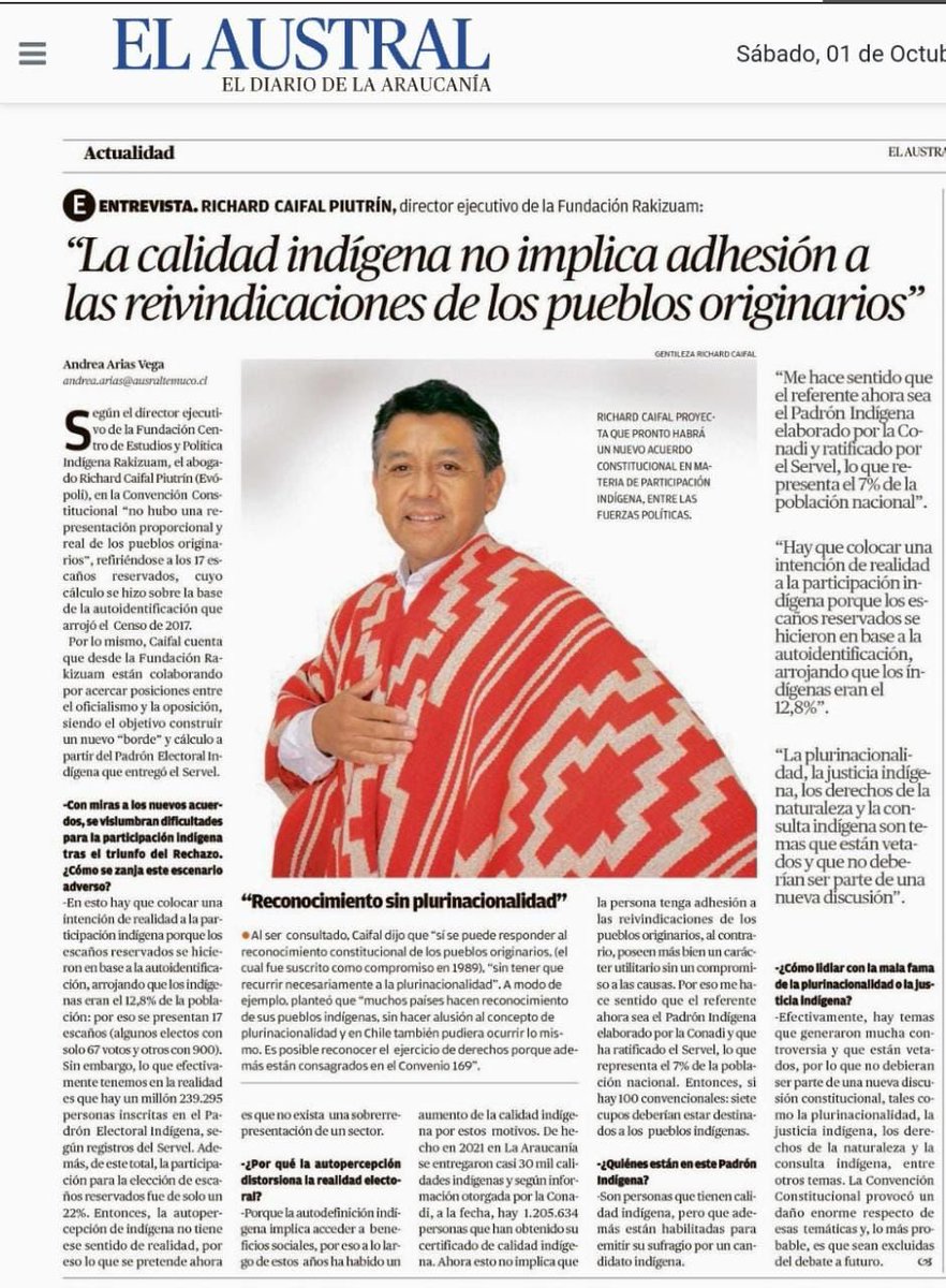 "La calidad indígena no implica adhesión a las reivindicaciones de los pueblos originarios" Lee aquí la entrevista a nuestro director  Richard Caifal. 📰