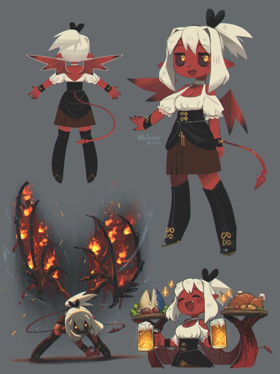Porforever's tweet photo. A demon girl with the ability to morph her wings freely. 🎴✨
 
She works at the tavern as a waitress for delicious food and a place to sleep. 🍗🛏️ https://t.co/BeoY20JeNs