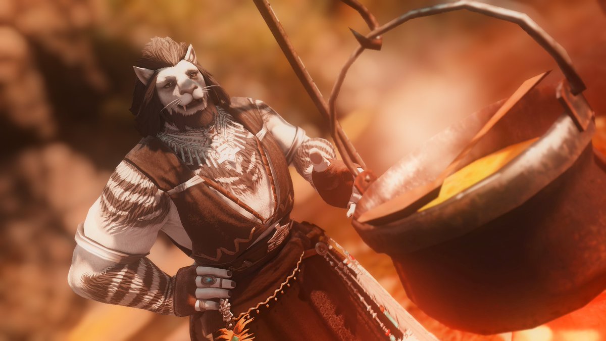 Taking a deep breath, the Ronso smiled at how the stew smelled, the mixture of meat, vegetables and herbs boiled quietly in the pot over the small fire pit.

"The stew is just about ready, freshly made of course," he spoke with a smile.