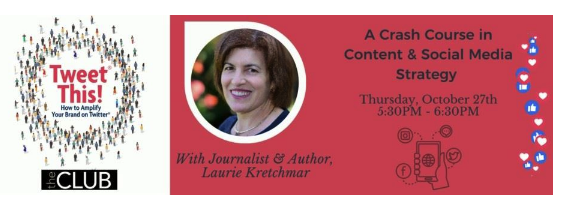 LKhere's tweet photo. Attn @TheClubSV members &amp; guests, join us Oct 27, 5:30 pm PT! Look fwd to delivering A Crash Course in Content &amp; Social Media Strategy https://t.co/jaE7zT4XOs  @terramondi @kecatlin @gmwebber @larainemckinnon @KristianeKoontz @AnnieRogaski @94calbear @Judith_IP @LisenStromberg https://t.co/inJxPhPdhb