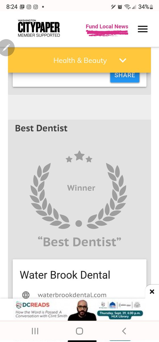Help us do this again this year aka Best DC Dentist 2022. Vote for us until 16 Oct 11:59 PM EST.

Vote here 
Write in WATER BROOK DENTAL 
Thank you!!
bestof2022.washingtoncitypaper.com/goods-and-serv…