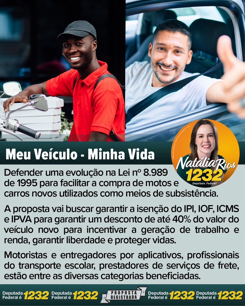 nataliariosof's tweet photo. Meu Veículo, Minha Vida: a proposta vai buscar facilitar a compra de motos e carros novos por profissionais que os utilizem como meios de subsistência, como prestadores de serviço de frete e motoristas e entregadores por aplicativos. #PeriferiaEmPrimeiroLugar #NatáliaRios1232 https://t.co/4YaH5KkHkB
