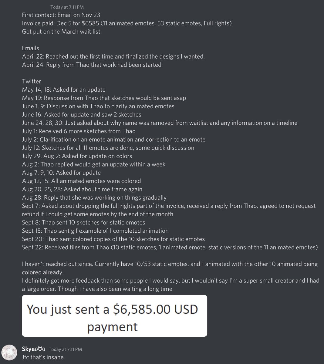Skyebeeb's tweet photo. .@/Thaochibi4, a Twitch Partner and popular artist is stealing over 10,000$+ from her commissioners. While she continues to ignore / manipulate her smaller commissioners who have been waiting 1-2 years for their commission. https://t.co/Wg2v8liXKj #ENVtuber #TwitchEmoteArtist https://t.co/BPsP8FrX3H