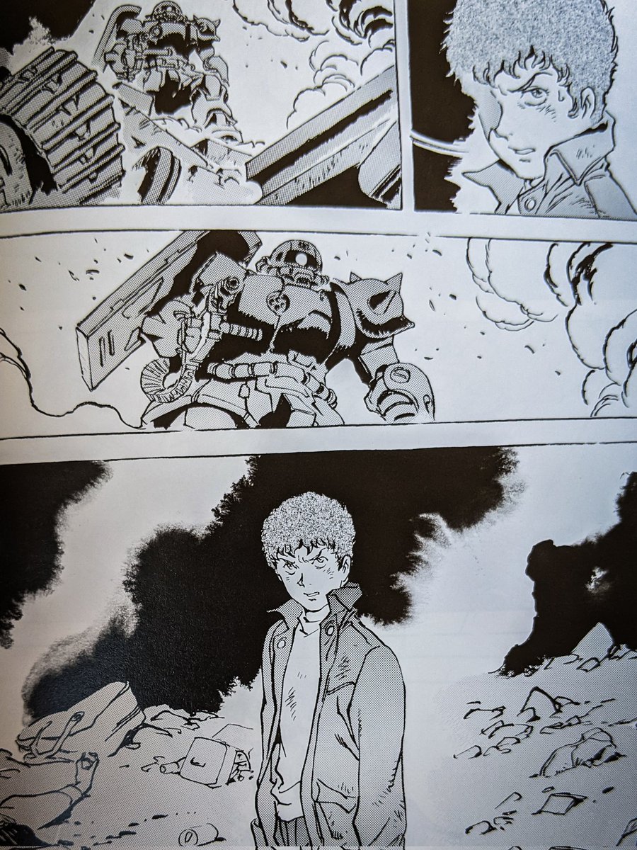 TheGundamWatch's tweet photo. Epic Manga panel of the night...
#AmuroRay staring down a #Zaku during the destruction of #Side7
Page 108 of Mobile Suit Gundam The Origin: Activation by Yoshikazu Yasuhiko
#mobilesuitgundam #rx78 #gundam #gundammanga #manga https://t.co/0OLL6a3VI7