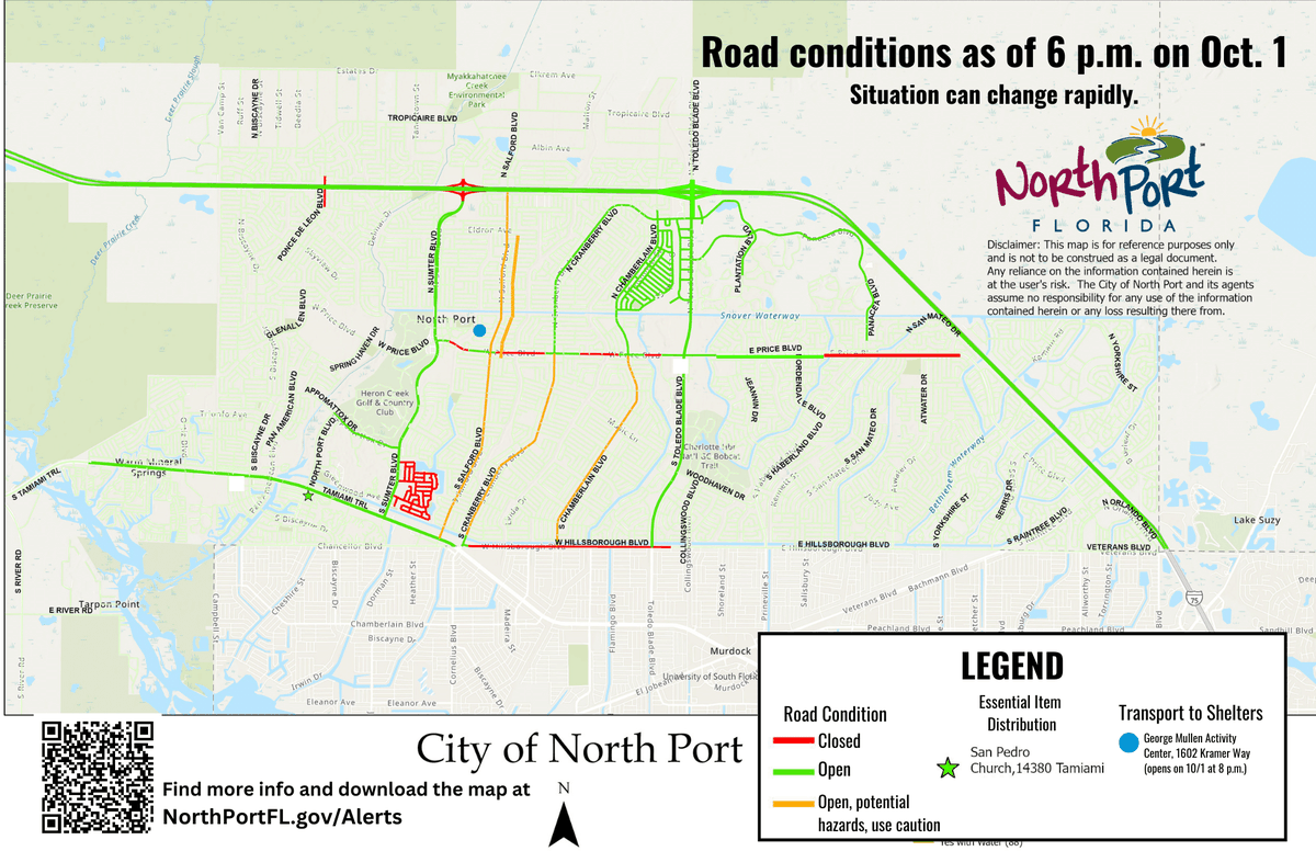 CityofNorthPort's tweet image. ⚠️PLEASE SHARE ⚠️Attached is a map of the current road conditions for major arterials only as of 6 p.m., Oct. 1. Conditions can change rapidly. You shouldn’t be driving around if you don’t have to. A downloadable version is available at ➡️ NorthPortFL.gov/Alerts.

#HurricaneIan