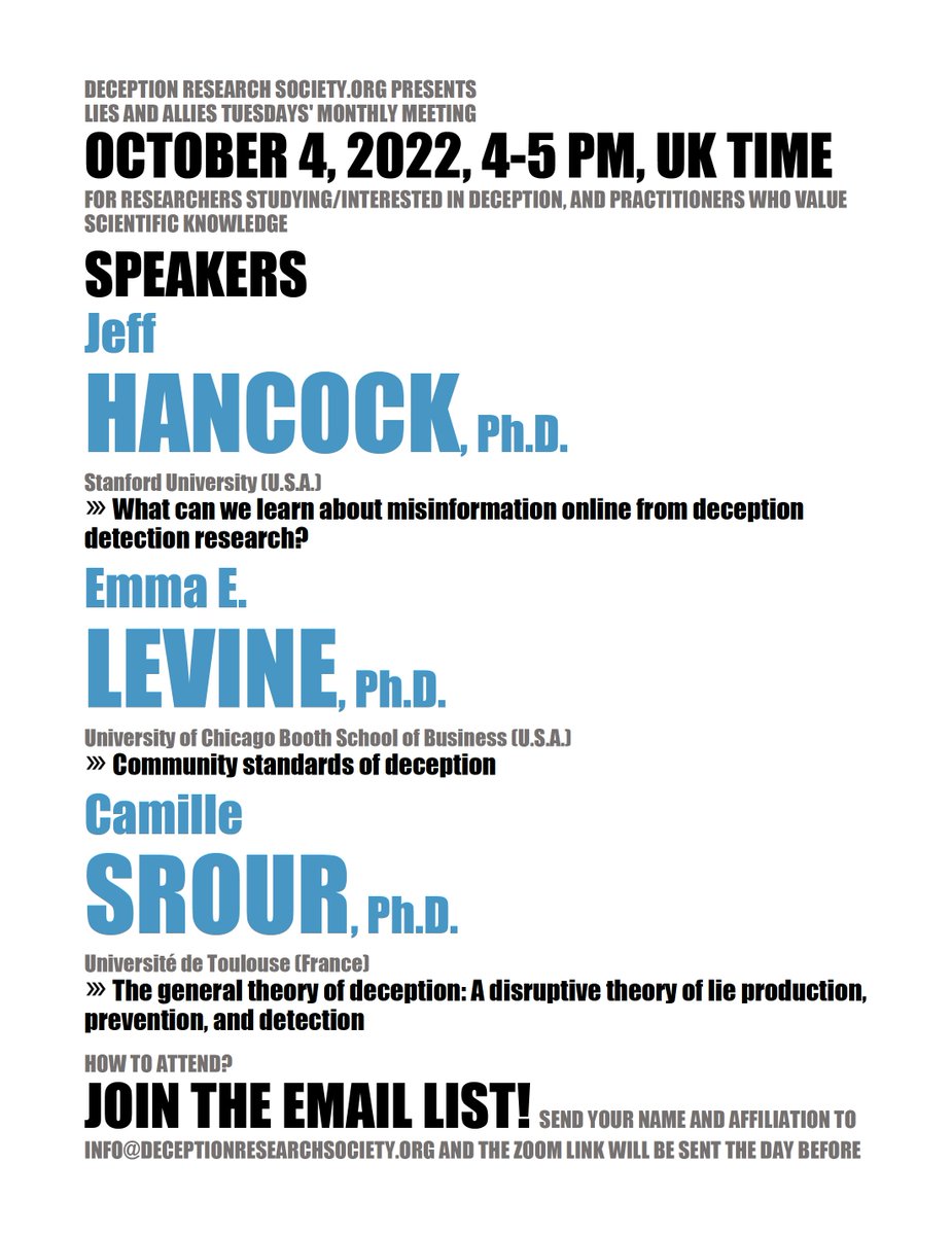 Next week! Lies and Allies Tuesdays, October 4, 2022, 4-5 pm, UK time, with <a href="/jeffhancock/">jeff hancock</a>, @EmmaELevine, and <a href="/CamilleSrour/">Camille Srour</a>
