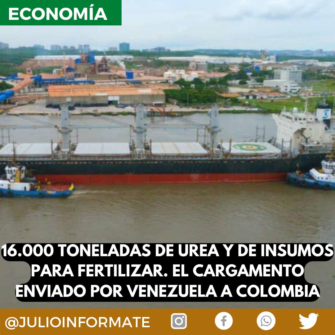JulioInformate's tweet photo. #Venezuela, mediante la empresa Pequiven, envió a #Colombia un barco de materia prima para fertilizantes🇻🇪🇨🇴 16 mil toneladas de urea a precio de 600 $ por tonelada. Para unos ingresos de casi 10 millones $. 

Así anunció Armando Benedetti, embajador de Colombia en Venezuela✅ https://t.co/gPod1imLnH
