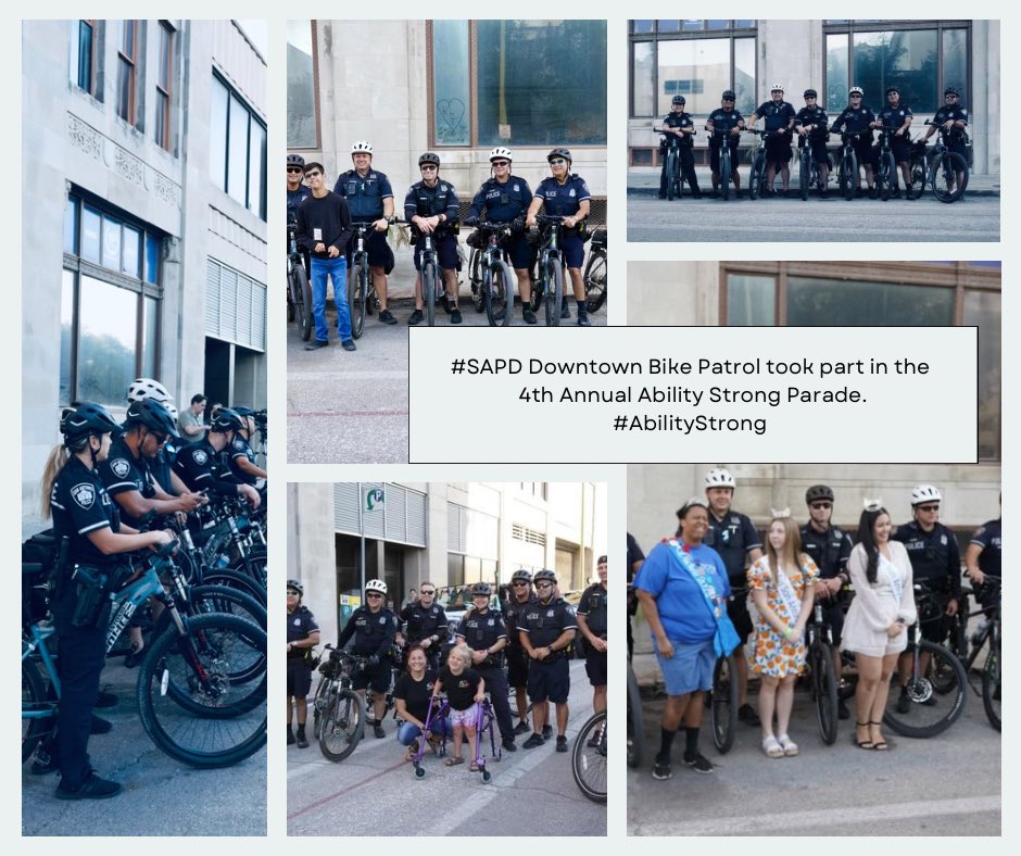 SATXPolice's tweet photo. Big shoutout to our Downtown Bike Patrol who participated in the 4th Annual #abilitystrong Parade this morning! #SAPD #sanantoniopd https://t.co/hPti7hVsuA