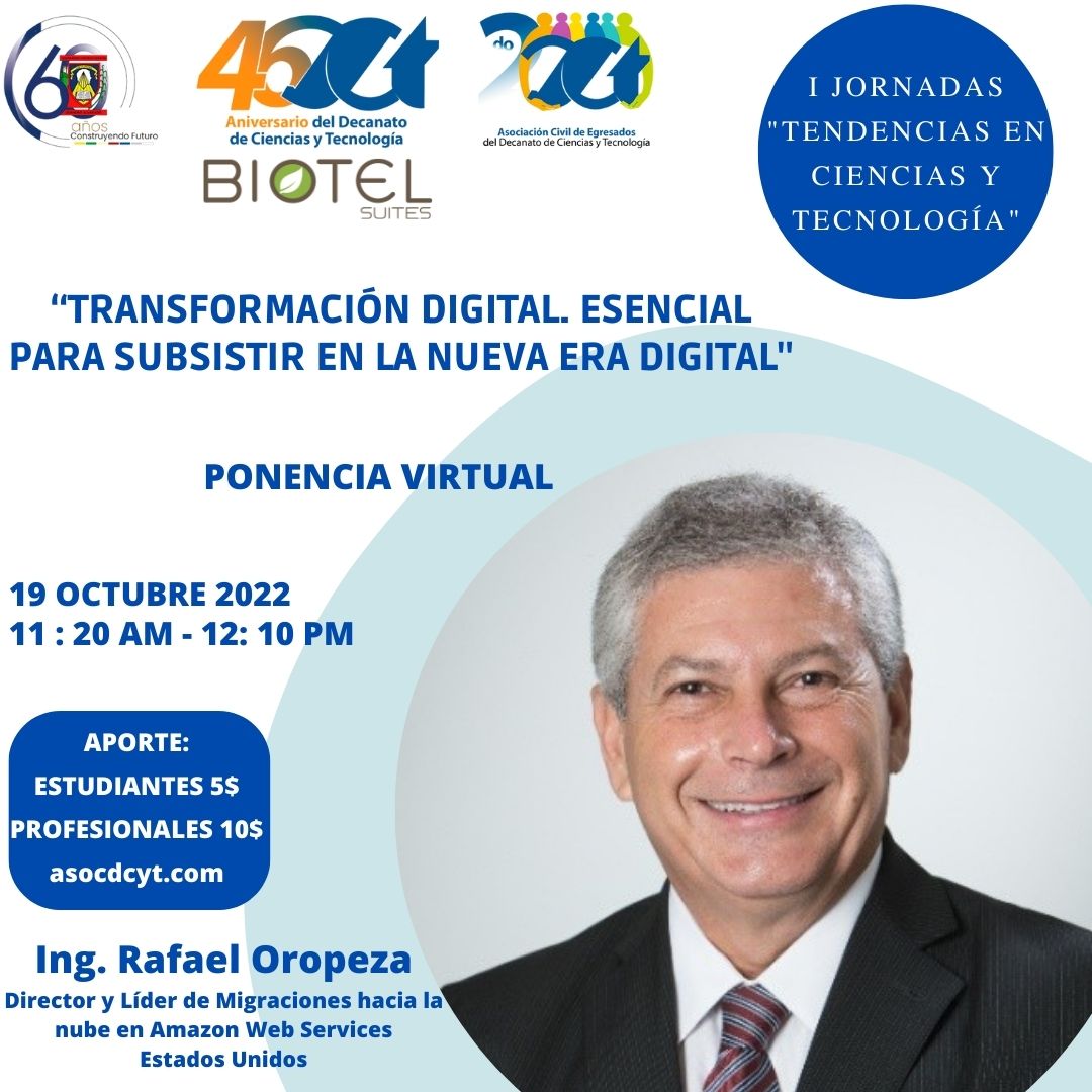 asocdcyt's tweet photo. En I Jornadas Tendencias en Ciencias y Tecnología, nuestra 3ra. Ponencia "Transformación Digital. Esencial para subsistir en la nueva Era Digital" a cargo del Ing. Rafael Oropeza, egresó de @uclave #DCyT Promoción VI de Ing. en Informática en el año 1986. https://t.co/Afj89pYtBw https://t.co/9c1H7SZ4Wp