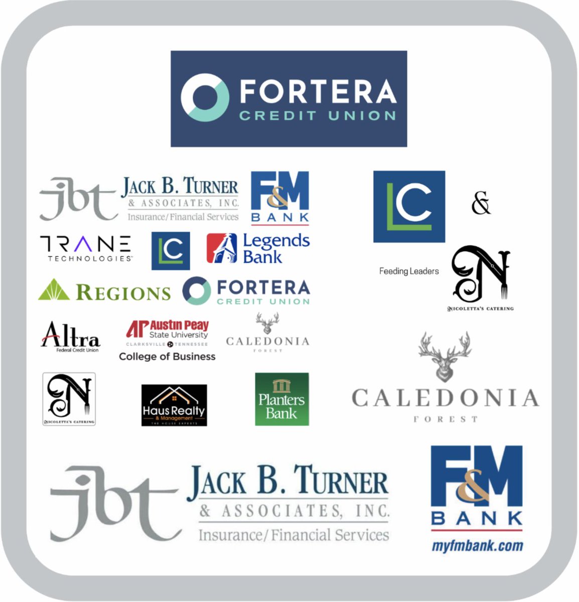 Leadership Clarksville (@leadershipclar1) on Twitter photo Thank you Jack B Turner and Associates for year round support and especially kicking our year off right. Fortera Credit Union honors us as our October sponsor for Fort Campbell Day. Welcome to our newest Trustee’s Square sponsors, Nicoletta’s Catering and Caledonia Forest Thank you Jack B Turner and Associates for year round support and especially kicking our year off right. Fortera Credit Union honors us as our October sponsor for Fort Campbell Day. Welcome to our newest Trustee’s Square sponsors, Nicoletta’s Catering and Caledonia Forest