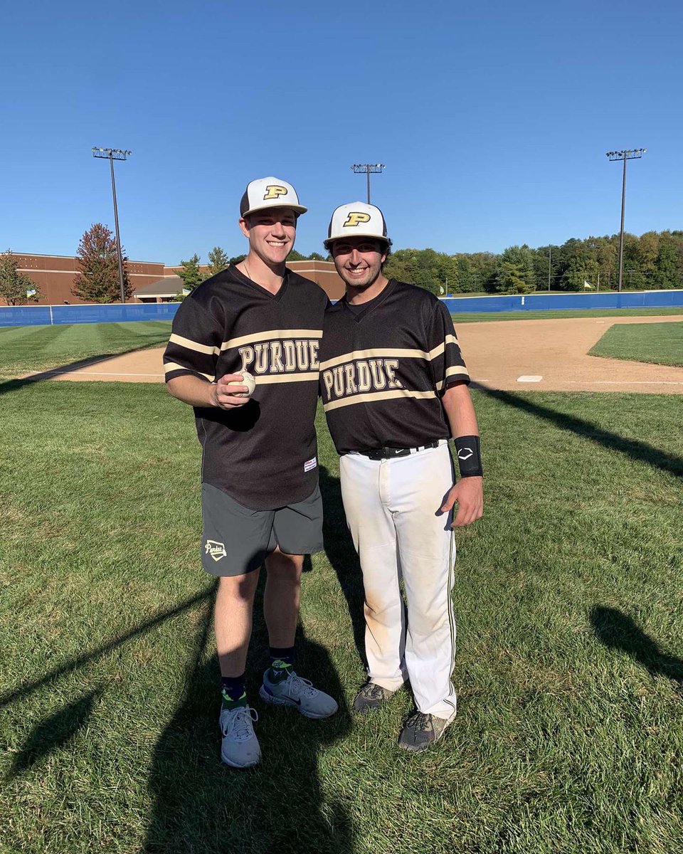 PUBaseballClub's tweet photo. 🚨NO-HITTER ALERT🚨The Boilermakers took home a 17-0 victory today over Ball State.  Senior James Ham lead the way by not allowing a hit all game and struck out 15 Cardinals!  He is pictured with his battery-mate (and personal catcher) Ross Ostrager #birdsarentreal @The_NCBA https://t.co/X0nb47RwJq