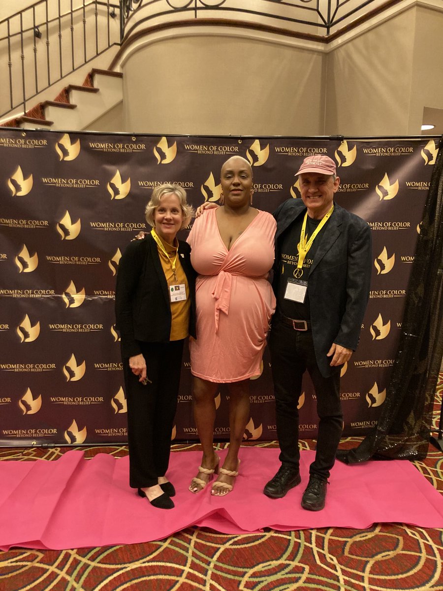 FFRF's tweet photo. @mandy0904, co-organizer of the third Women of Color Beyond Belief conference, meeting this weekend in Chicago, with BIPOC nontheist activists from around the nation. Pictured with @DanBarkerFFRF and @algffrf. #WOCBB https://t.co/oPY9X8Mtox