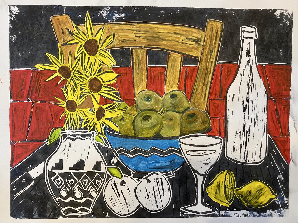DaveHil75790200's tweet photo. After a couple of days working on carving my #linocut I’m ready to add #colour @DaveHil31449575 #sunflowers #winelover #apple #lemon #redtiles #lemons https://t.co/6pCN3c495M