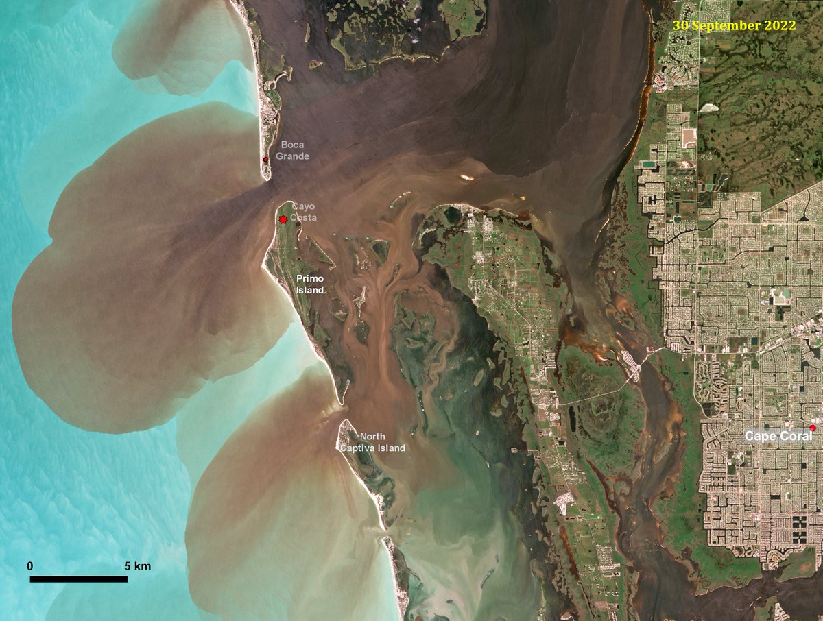 or_bit_eye's tweet photo. 🔴🌀⚠️The aftermath of #HurricaneIan is well visible in the #Sentinel2 image of September 30.This zoomed view show the largest sediment plume discharging for more than 160km2❗️❗️ into the coastal waters of W #Florida in the area of #landfall #cayocosta #ClimateEmergency @ai6yrham https://t.co/OUKW7aC3dM