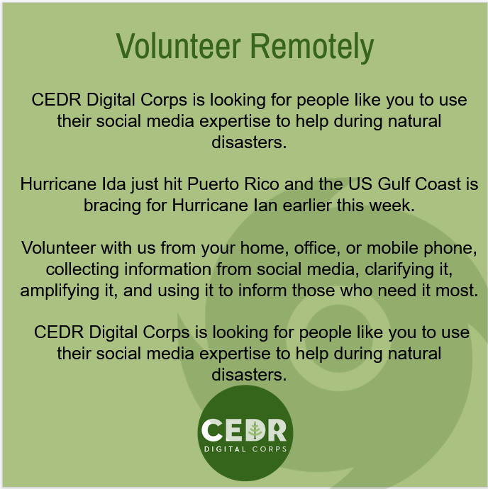 CEDRdigital's tweet photo. We're looking for people just like you to use social media skills to help during natural disasters.

We need help compiling information, scanning links on social media, and translating information from Spanish to English. 

Volunteer today at https://t.co/rzZHo3rECj https://t.co/3U5K6dKgjU