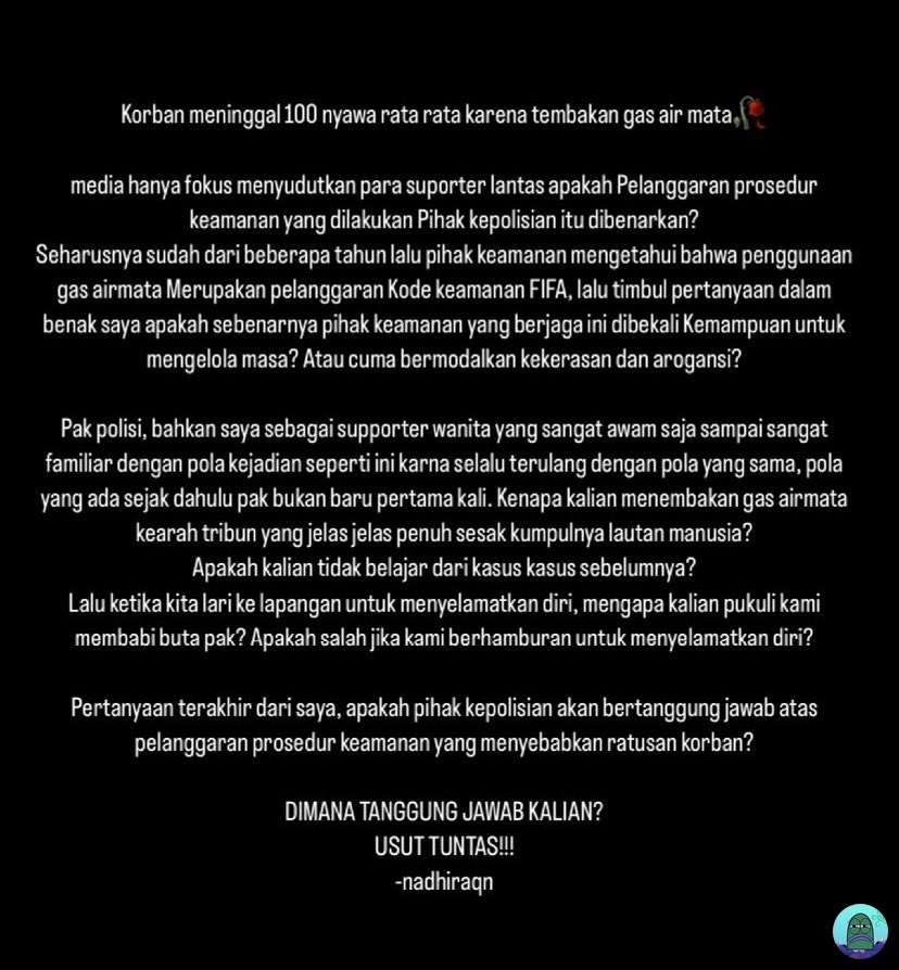 💚 baca kronologi dari salah satu suporter yang hadir di kanjuruhan bener bener miris. Kenapa tiap ada kericuhan polanya selalu sama. Rip Malang