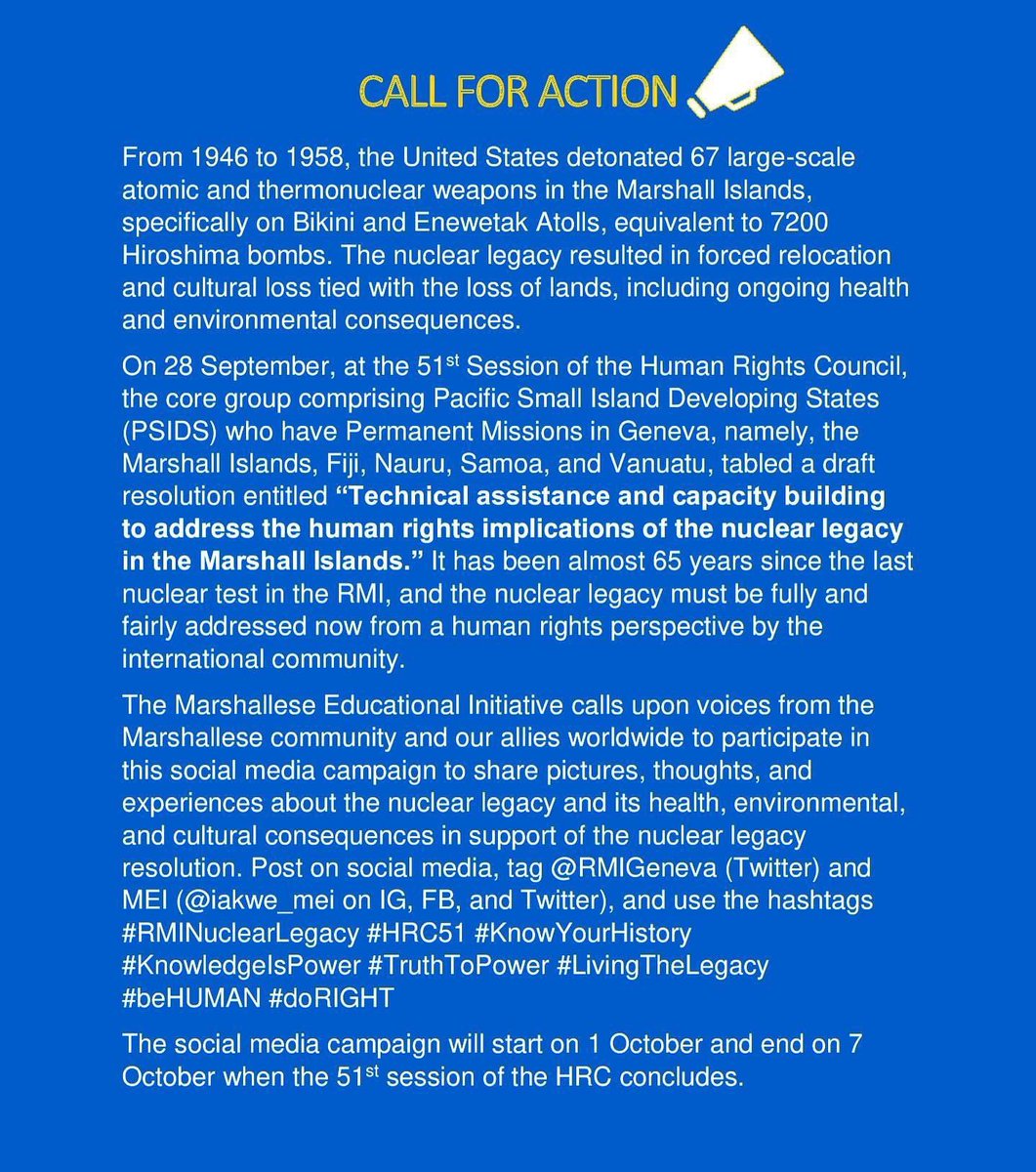MEInonprofit's tweet photo. In support of the nuclear legacy resolution that was tabled earlier this week in the 51st session of the Human Rights Council, the Marshallese Educational Initiative is leading a social media campaign with the RMI Mission in Geneva to raise awareness about the ongoing effects of https://t.co/lgqX9a4O9S