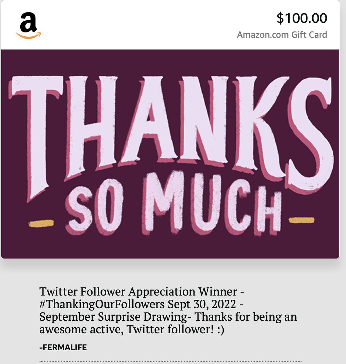 BetteH9's tweet photo. @fermalife @jasmong2 @kygurl62689 @leashy_Love @nikki2kids @route60622 @TheRealFoxFire Thank you Fermalife! I appreciate the gift and I appreciate you and your generosity! Congrats to the other winners as well. #Fermalife #AmazonGiftCards #ThankingOurFollowers #Winner https://t.co/fNRunEJoYJ