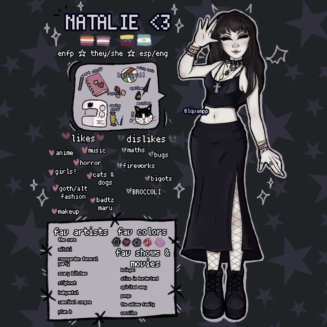 lqvampp's tweet photo. hi !! im nat, i’m looking for moots <3
[ insta: lqvampp ]
♥︎ they/she ☆ demigirl lesbian 
—  i like anime (specially haikyuu), fashion, goth culture, music and art!
eng/esp <3

♡ / ↻ to be mutuals <33 
#promotwt #moots #artmoots #artmutuals #art #artistsontwitter https://t.co/PnlAZUk5TM