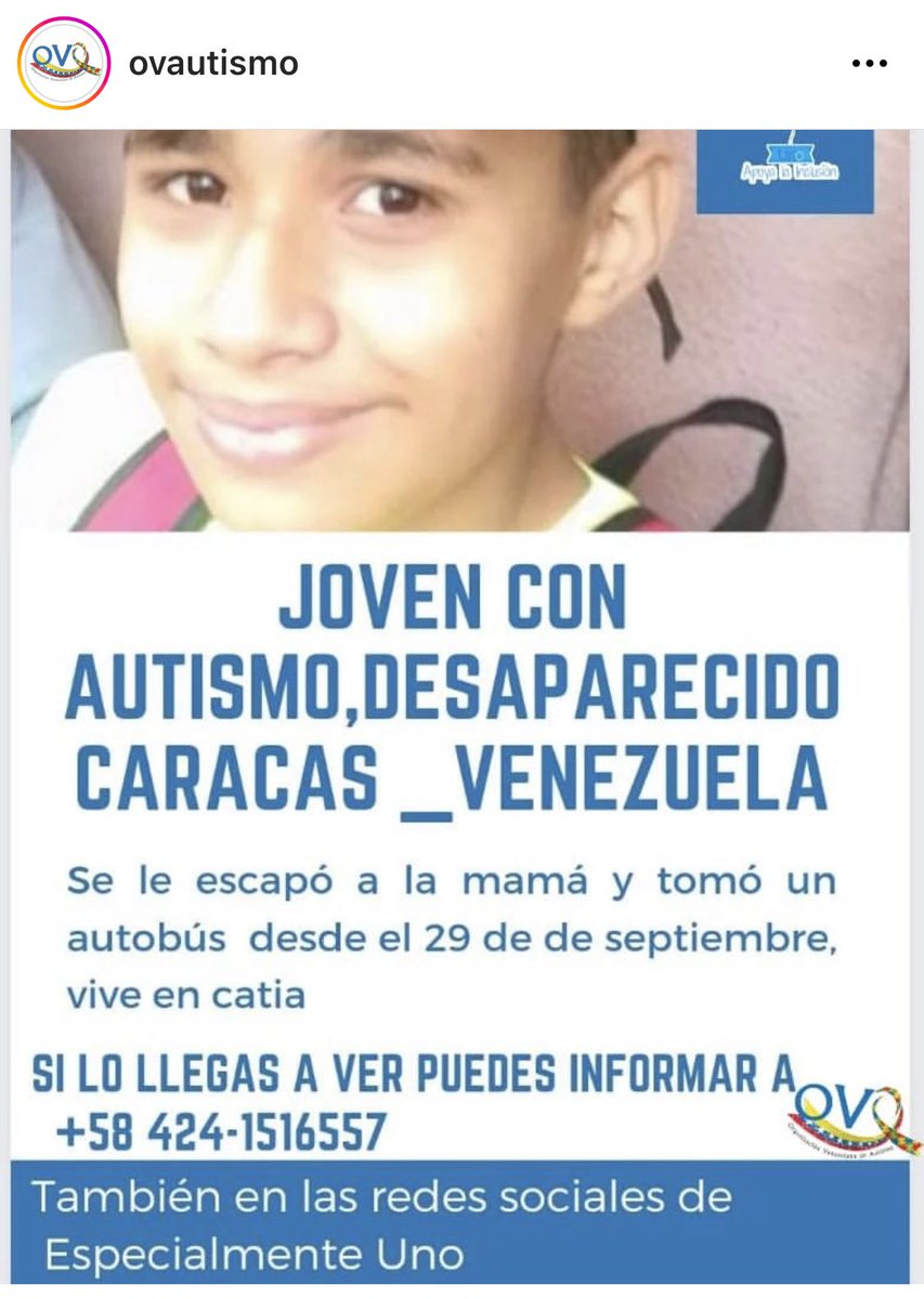 HimiobSantome's tweet photo. #SERVICIOPÚBLICO Este joven está desaparecido en #Caracas. Está dentro del espectro #Autista. Si lo ven, por favor comuníquense con el número que aparece en la imagen ¡Gracias! @OVAutismo https://t.co/ZfGcElQTRh
