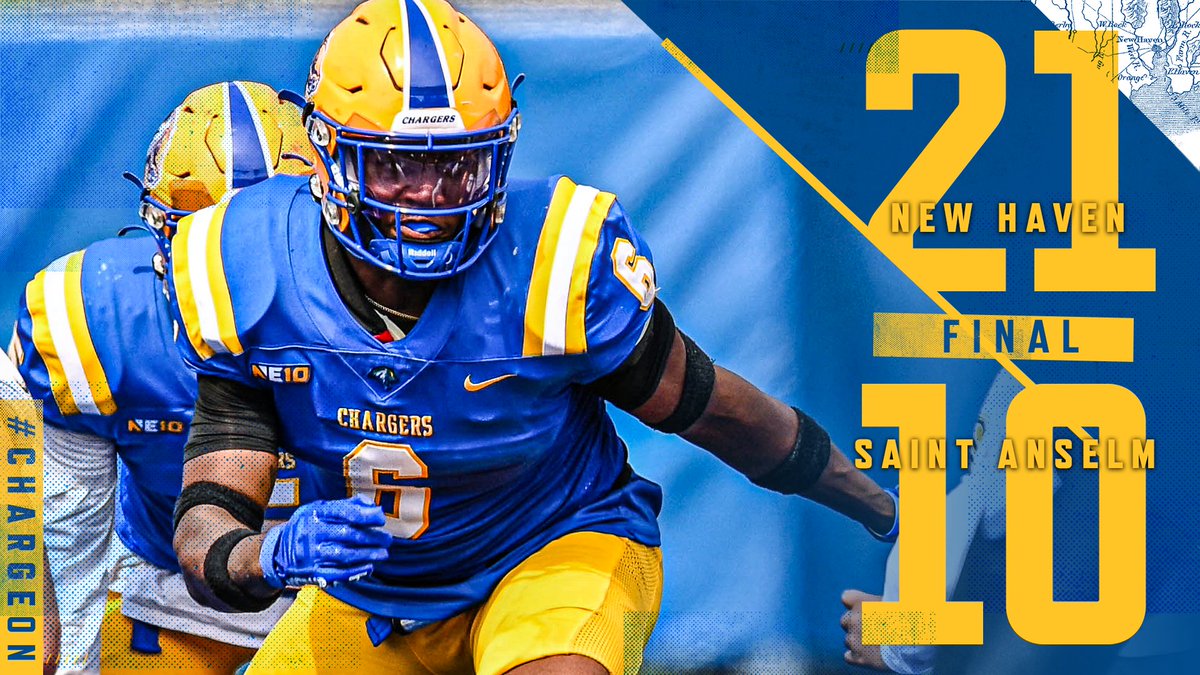 UNewHavenFB's tweet photo. Defense rules the day, limits Saint Anselm to just 177 total yards, forces four fumbles and picks off a pair of passes as Chargers stay undefeated in the NE10 with 21-10 road win at Saint Anselm 

Full recap from @Jim_Fuller1 ⬇️
https://t.co/Fs0MfKA80h https://t.co/ERwVDYUnZ2
