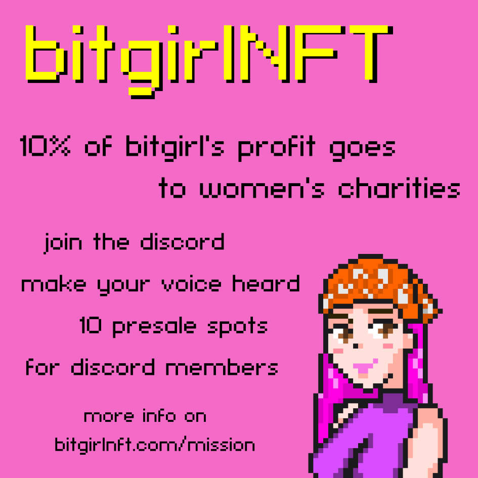 bitgirl #nft is pleased to officially announce our dedication to empowering women and girls everywhere! starting our pledge at 10%, but we can only go up from there 🚀
join the discussion: discord.gg/4WpMgFqPbx
#nftart #nftcommunity #openseanft #charity