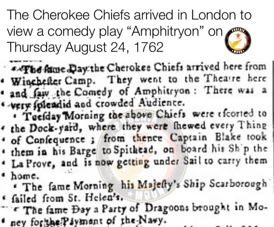 1phoenixmoon's tweet photo. The Cherokee Indians arrived in London on Thursday August 24, 1762 to watch a comedy play called Amphitryon. #operationcornbread #guerillawarfaretsalagi https://t.co/5sEmcem7gv