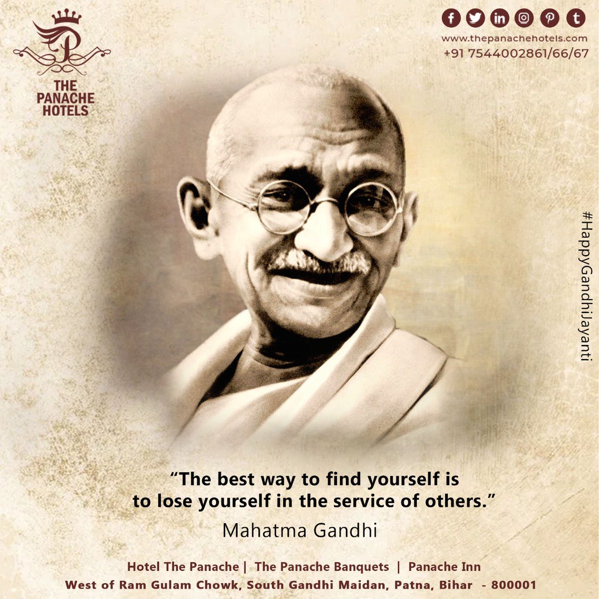 Hotelthepanache's tweet photo. The best way to find yourself is to lose yourself in the service of others.
Happy Gandhi Jayanti
#MahatmaGandhiJayanti #GandhiJayanti #fatherofnation #Bapu #hotelsofindia #hotelsofpatna #bestbihar #thepanache #panache2022 #biharbest #patna #Bihar https://t.co/OUjSej2z3b
