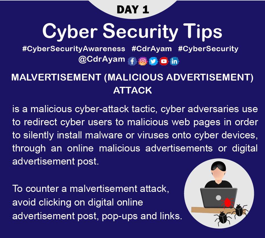 CDR_Ayam's tweet photo. Day2/31: #Tip 1 - Malvertisement (Malicious Advertisement) Attack #CyberSecurity Tips
#CybersecurityAwarenessMonth #CyberSecMonth #cdrayam #cyber @CDR_Ayam #infosecurity #informationsecurity #infosec #cyberattacks #cyberpunk #Security #hackers #CyberSecurityAwareness Apple https://t.co/chSZKWqDu0