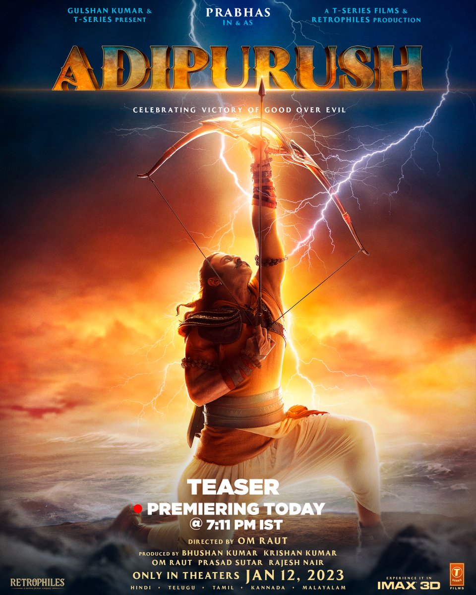 RETROPHILES1's tweet photo. Now all you will hear is “Jai Shree Ram, Jai Shree Ram” 🏹

#AdipurushTeaser premieres today at 7:11 PM! #AdipurushInAyodhya

Hindi: https://t.co/IjSkzvPvPd
Telugu: https://t.co/h8rMyIJ3fo
Tamil: https://t.co/1g6wTXG9A4
Kannada: https://t.co/y48w3NVFjI https://t.co/V2R34ZTZyN