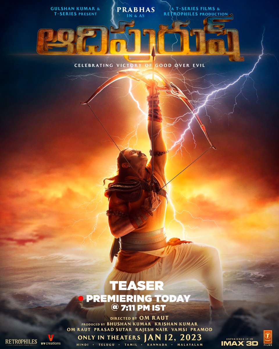 RETROPHILES1's tweet photo. Now all you will hear is “Jai Shree Ram, Jai Shree Ram” 🏹

#AdipurushTeaser premieres today at 7:11 PM! #AdipurushInAyodhya

Hindi: https://t.co/IjSkzvPvPd
Telugu: https://t.co/h8rMyIJ3fo
Tamil: https://t.co/1g6wTXG9A4
Kannada: https://t.co/y48w3NVFjI https://t.co/V2R34ZTZyN