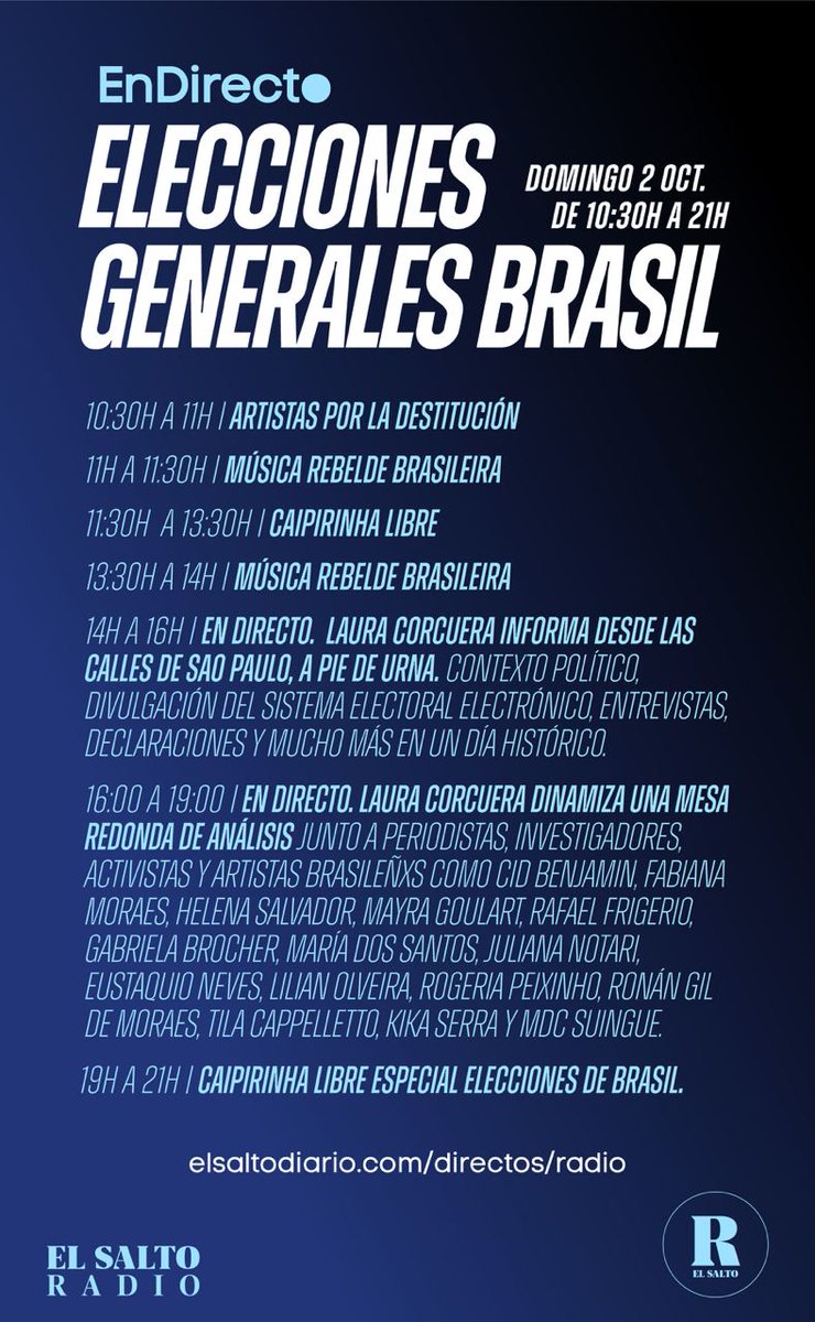 Hoy emitimos en directo la cobertura especial de las #EleccionesBrasil de <a href="/ElSaltoRadio/">El Salto Radio</a>, de 10:30 a 21:00

Con conexiones a pie de urna desde Sao Paulo y mesa-debate desde Brasil y el estado español

Escucha:
agorasolradio.org/directo

#FueraBolsonaro #ForaBolsonaro 
<a href="/ElSaltoDiario/">El Salto</a>