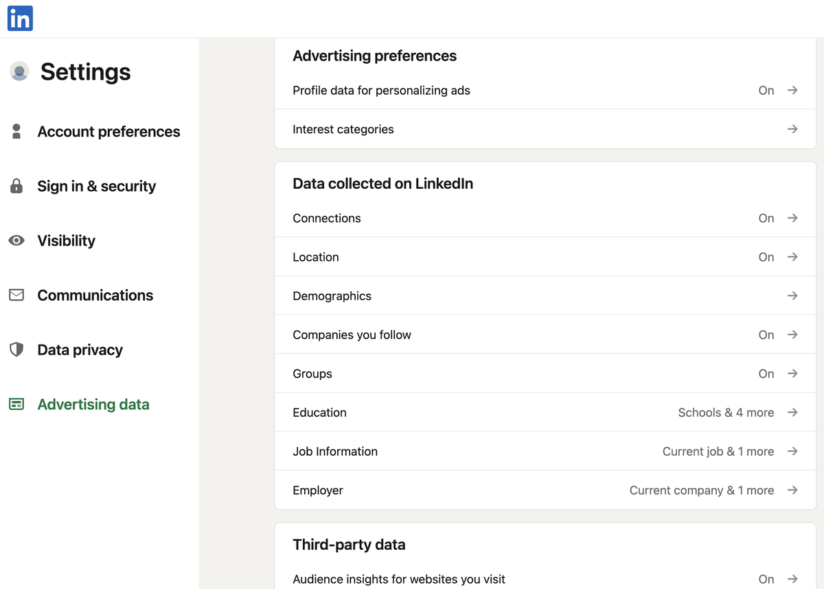 Screenshot of LinkedIn Advertising Data options, showing them set to On.