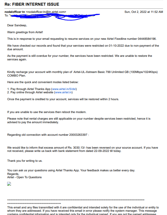 sandeepmaster33's tweet photo. @airtelcomplaint @airtelindia 

The reply from nodal officer is quite appalling! The plan got changed without my knowledge and he is not even bothering to address that issue.

Airtel is indeed offering me a Hobson's choice. 

Such a pathetic service! https://t.co/ym6PpIZREC