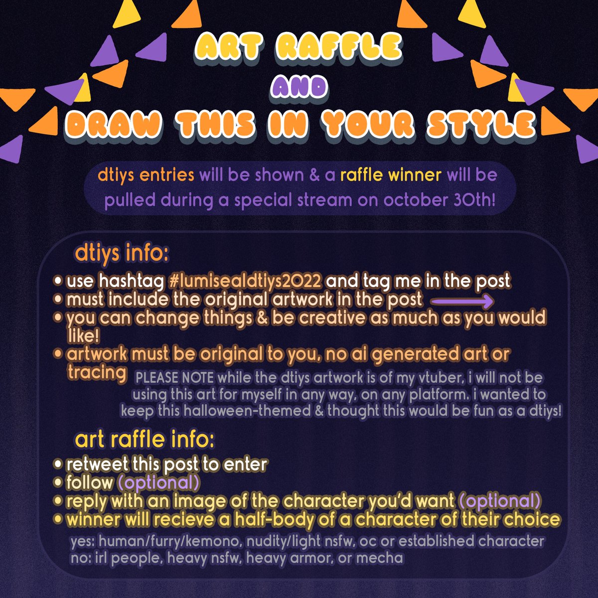 lumiseal's tweet photo. 🎃🦇HAPPY SPOOKY MONTH🕸️🔮
for all of october, i'll be running a dtiys &amp; art raffle! on oct 30th, i'll be holding a special stream to show entries &amp; pick a raffle winner! 👻
⚰️rt to enter the art raffle
🪦 use #lumisealdtiys2022 for dtiys entries
🩸more info in the image below🩸 https://t.co/TM1V0GETma
