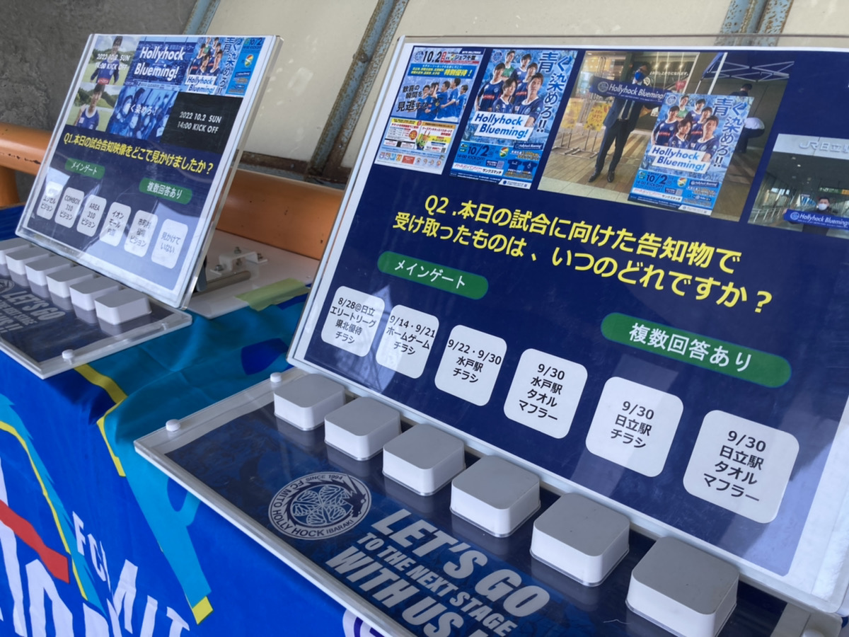 hollyhock_staff's tweet photo. ＼ボタンサーベイ実施中！／

今節は「本日の試合告知施策と大洗町在住の方への設問をボタンサーベイ #Enyfeedback で実施しています👆

メイン・バック両ゲート近くにありますので、
ぜひ皆さんの声をボタンでお聞かせください！
#水戸ホーリーホック #パナソニック https://t.co/m4956IpM5A