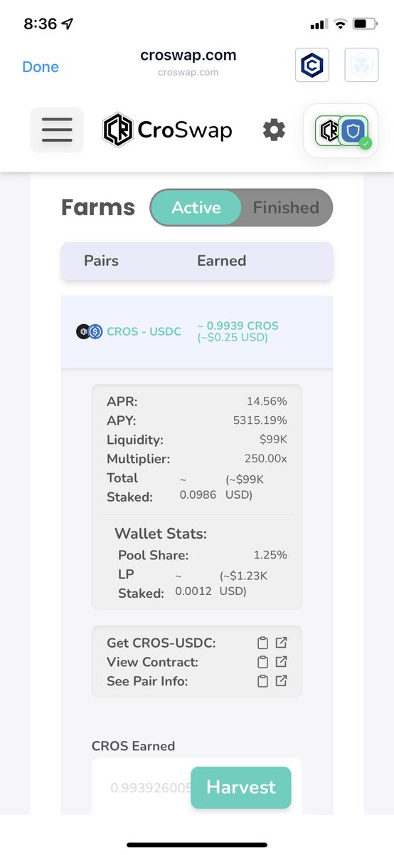 Aaronbennett's tweet photo. I just put $1200 into the $CROS-$USDC farm over on @CroSwapOfficial
This is NOT financial advice and NOT a paid ad.
I do like what @Hankusun and his team has done.
Video review coming soon.
#CRO #CROSwap #CRONOSDEX @cronos_chain #crofam https://t.co/wJJkQ1CDgI