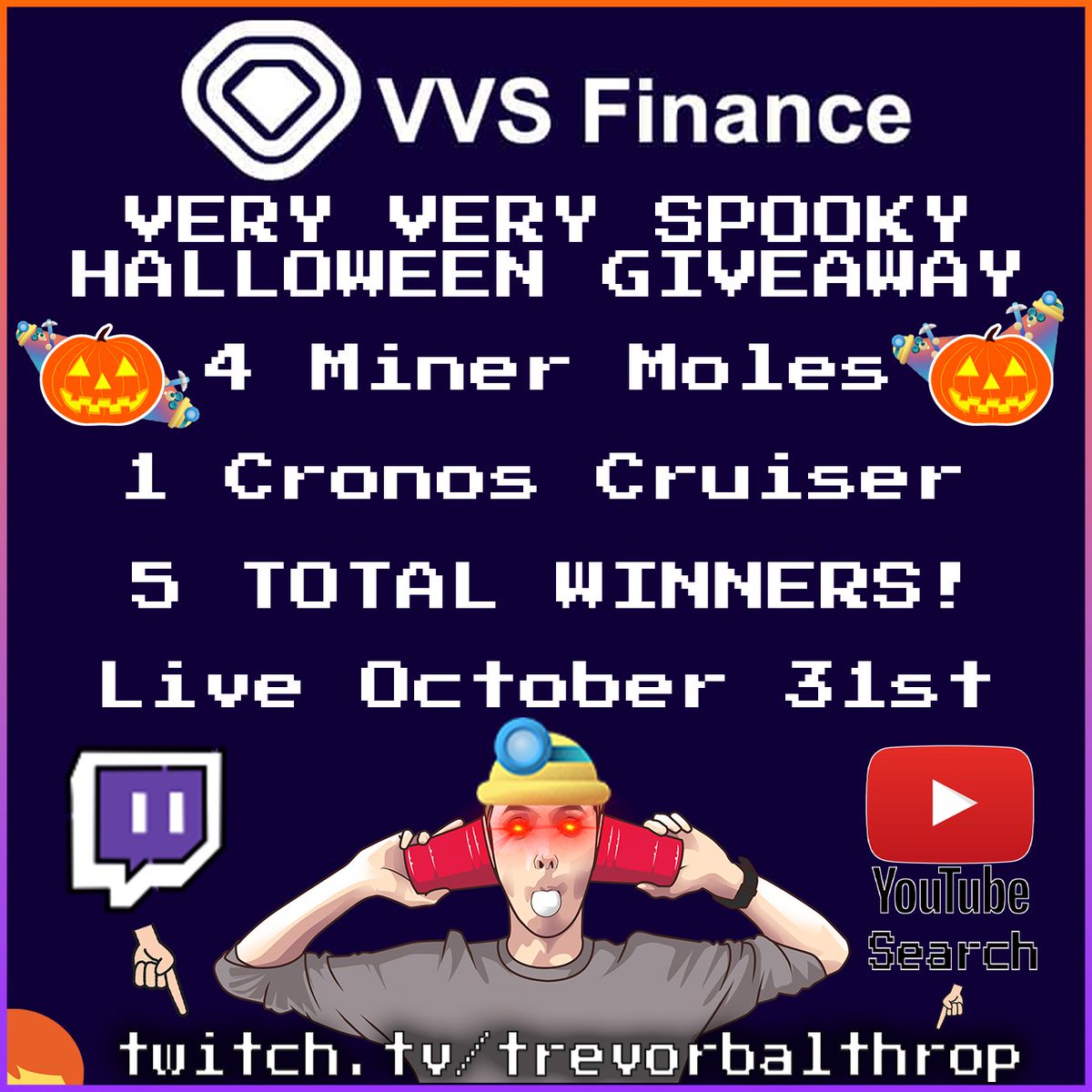 Red_on_theHead's tweet photo. @VVS_finance along with @Kraziestguy &amp; @DefiStewy threw in some extras for a...

VERY VERY SPOOKY HALLOWEEN GIVEAWAY 👻

4x #MinerMoles
1x @CronosCruisers 

5 Lucky Winners!

Mark your calendars for October 31st ⏰

And look out for announcements for more details 

🎃👇🎃 https://t.co/0OgodRkmSL